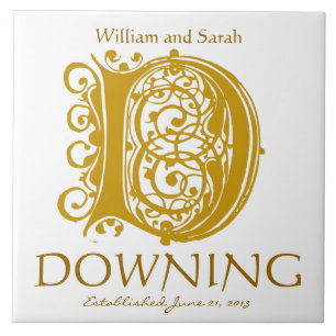 D Gold Monogram on White - Names Wedding Date Tile