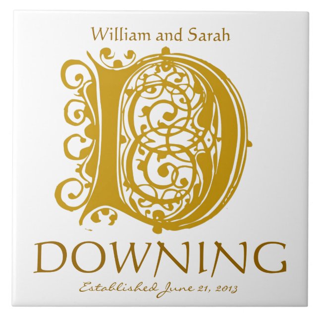 D Gold Monogram on White - Names Wedding Date Tile (Front)