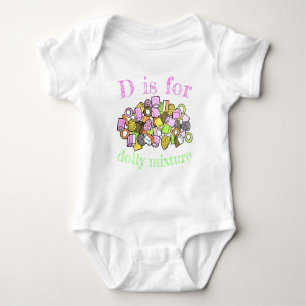 D IS FOR Dolly Mixture UK British Confection Candy Baby Bodysuit