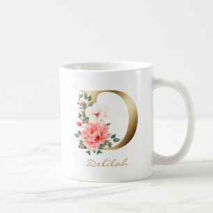 D Letter Gold Monogram   Pink White Green Floral Coffee Mug