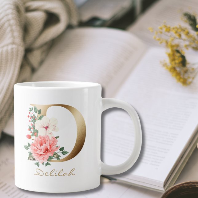 D Letter Gold Monogram | Pink White Green Floral Large Coffee Mug (Creator Uploaded)