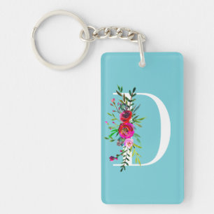 D Letter Initial Monogram Floral Custom Colour Key Ring