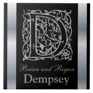D Monogram and Name "Besque on Black" Ceramic Tile
