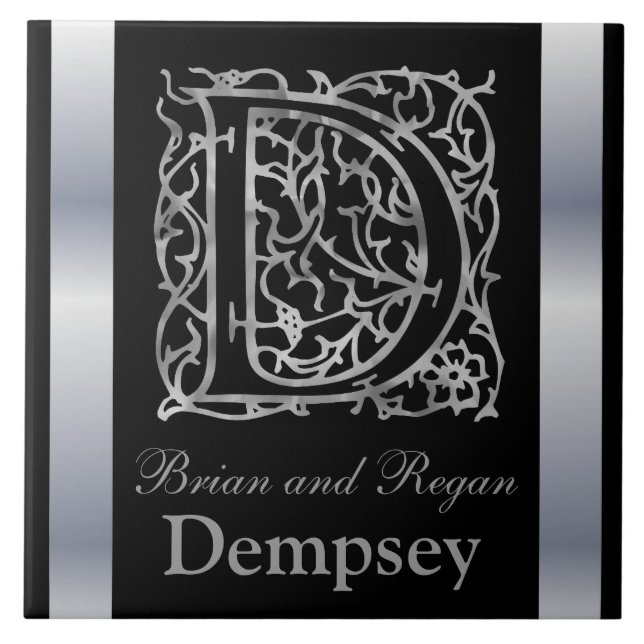 D Monogram and Name "Besque on Black" Ceramic Tile (Front)