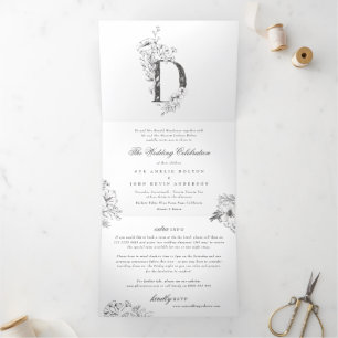 'D' Monogram Beautiful Sketched Floral Wedding Tri-Fold Invitation