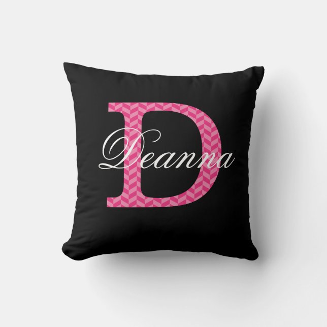 D Monogram Chevron Hot Pink With Name On Black Cushion (Front)