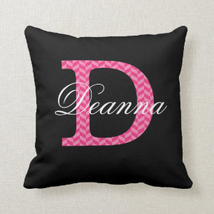 D Monogram Chevron Hot Pink With Name On Black Cushion