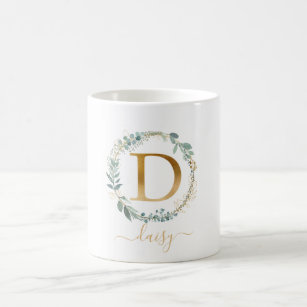 D monogram, customer specific leafy wreath  coffee mug