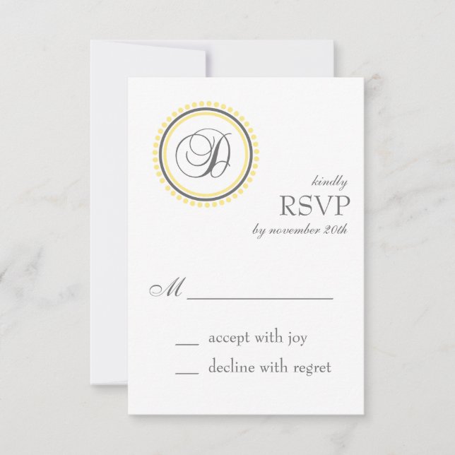 D Monogram Dot Circle RSVP Cards (Yellow / Grey) (Front)