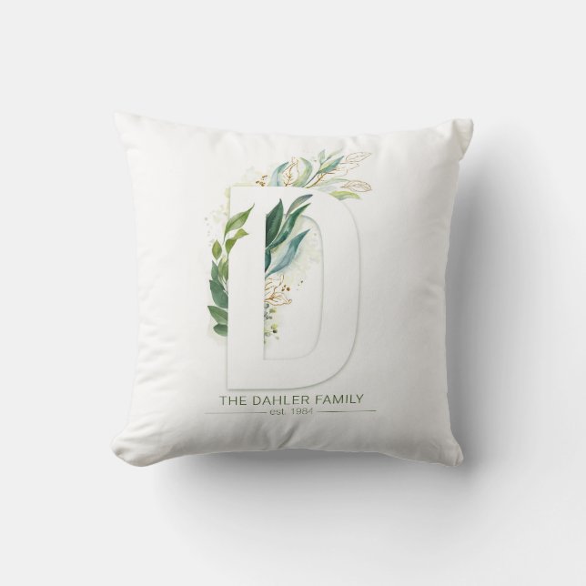D Monogram Elegant Gold Greenery Family Name Cushion (Front)