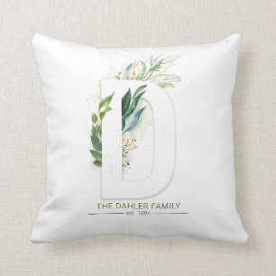 D Monogram Elegant Gold Greenery Family Name Cushion