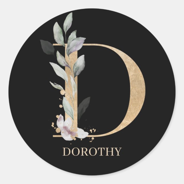 D Monogram Floral Personalised Classic Round Stick Sticker (Front)