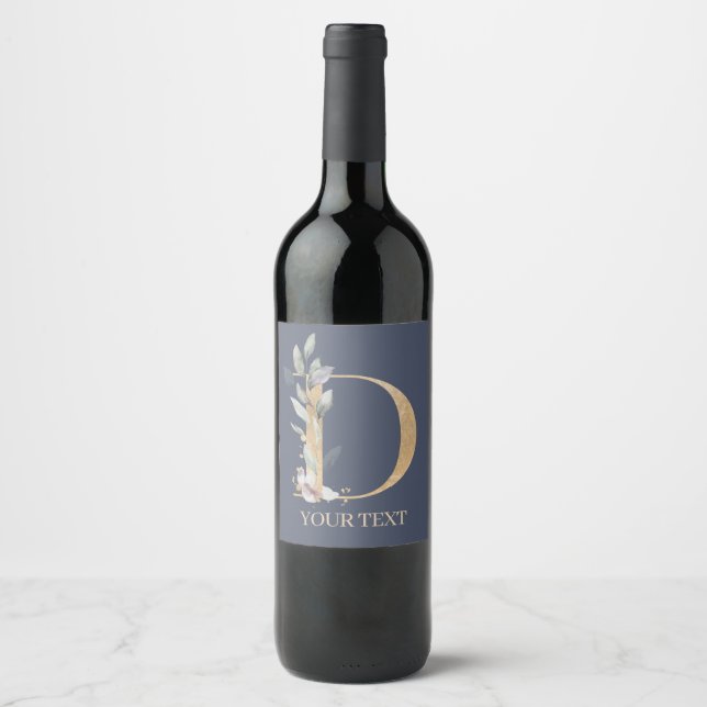 D Monogram Floral Personalised Wine Label (Front)