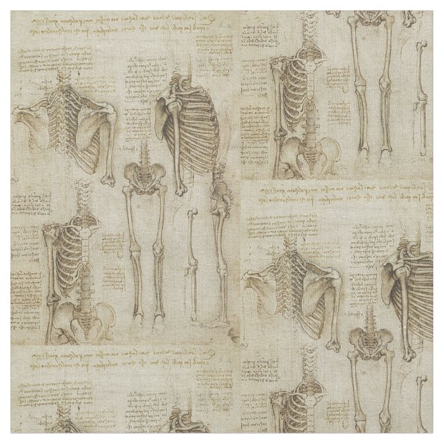 Da Vinci's Human Skeleton Anatomy Sketches Fabric (Close Up)