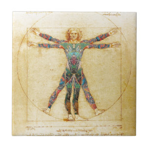 Da Vinci's Vitruvian man with tattoos Tile