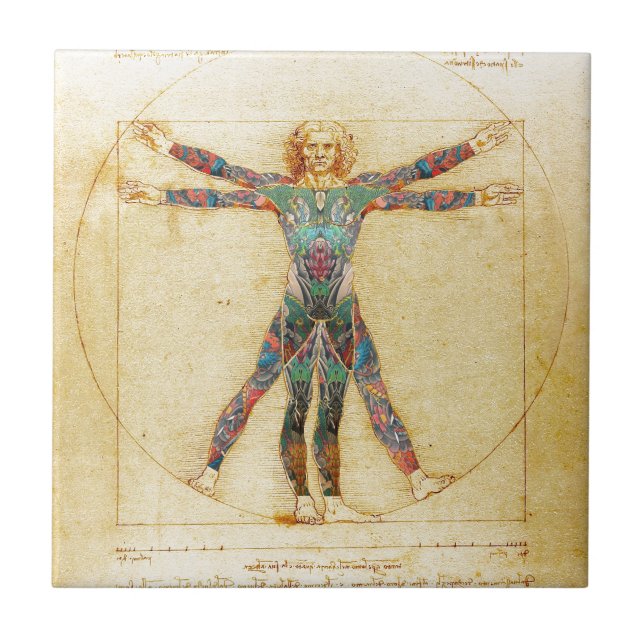 Da Vinci's Vitruvian man with tattoos Tile (Front)