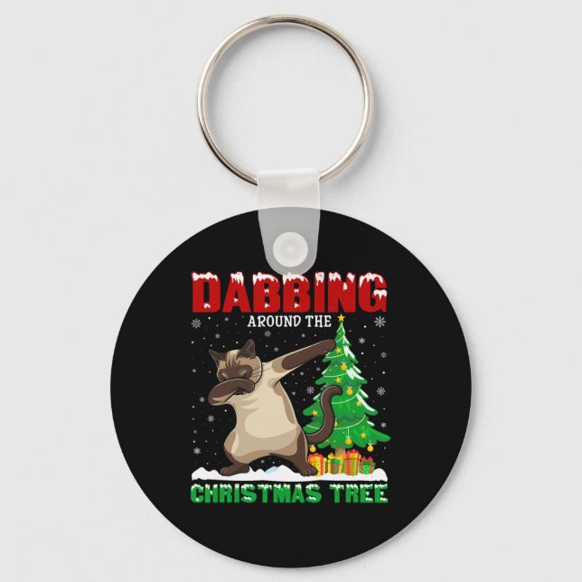 Dabbing Around The Christmas Tree Siamese Cat Xmas Key Ring (Front)