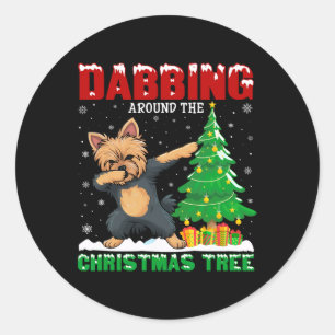 Dabbing Around The Christmas Tree Yorkie Dog Xmas Classic Round Sticker