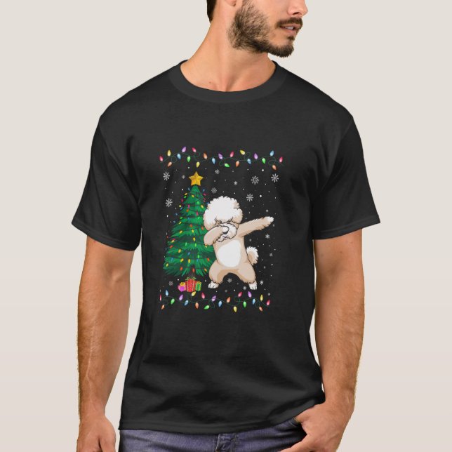 Dabbing Bichon Frise Dog Xmas Tree Lights Ugly Chr T-Shirt (Front)
