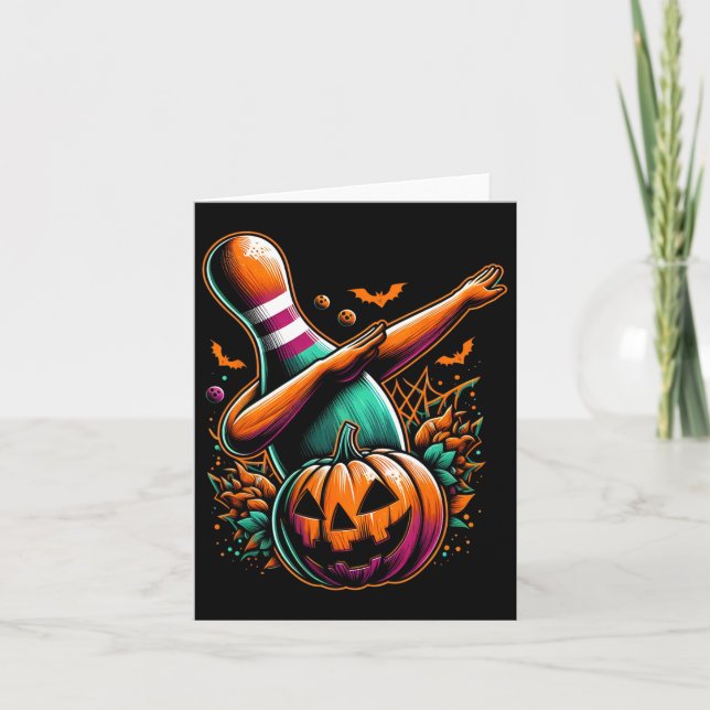 Dabbing Bowling Pin Pumpkin Spooky Halloween Bowli Card (Front)