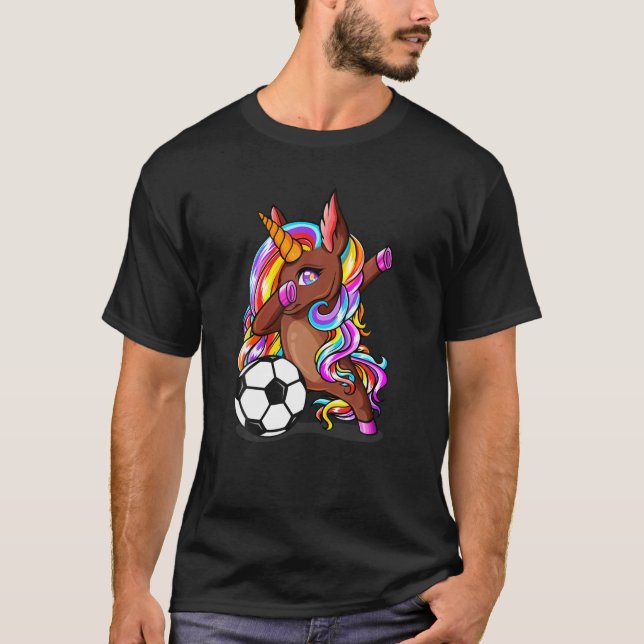 Dabbing Brown Skin Unicorn Football Funny Soccer L T-Shirt (Front)