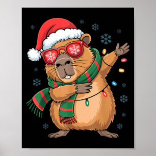 Dabbing Capybara Christmas Santa Hat Funny Holiday Poster