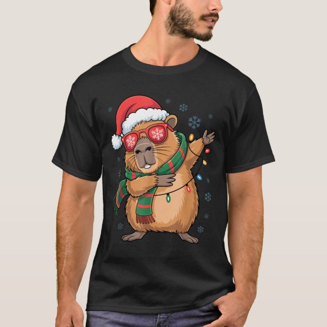 Dabbing Capybara Christmas Santa Hat Funny Holiday T-Shirt (Front)