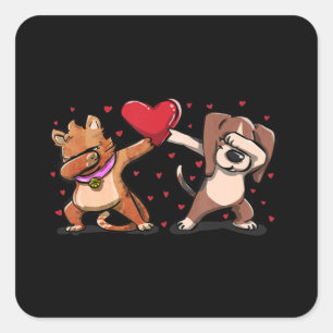 Dabbing Cat Beagle Heart Funny Valentines Day Gift Square Sticker