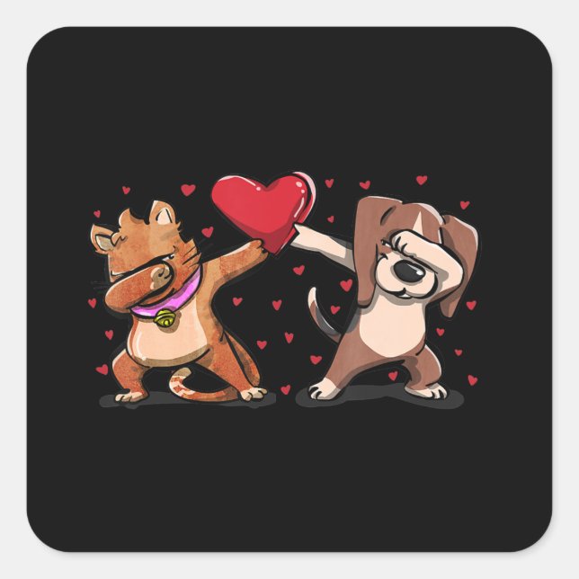 Dabbing Cat Beagle Heart Funny Valentines Day Gift Square Sticker (Front)