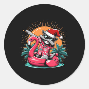 Dabbing Cat Christmas In July Hawaiian Flamingo Xm Classic Round Sticker