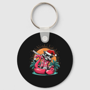 Dabbing Cat Christmas In July Hawaiian Flamingo Xm Key Ring