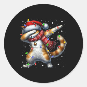 Dabbing Cat Santa Hat Christmas Lights Women Men K Classic Round Sticker