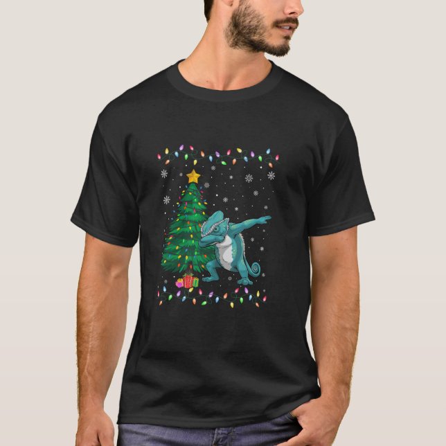 Dabbing Chameleon Xmas Tree Lights Ugly Christmas  T-Shirt (Front)