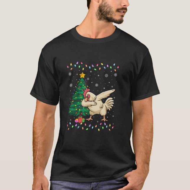 Dabbing Chicken Xmas Tree Lights Ugly Christmas Sw T-Shirt (Front)