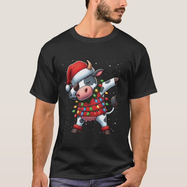 Dabbing Cow Christmas Lights Santa Hat Xmas Snow T T-Shirt (Front)