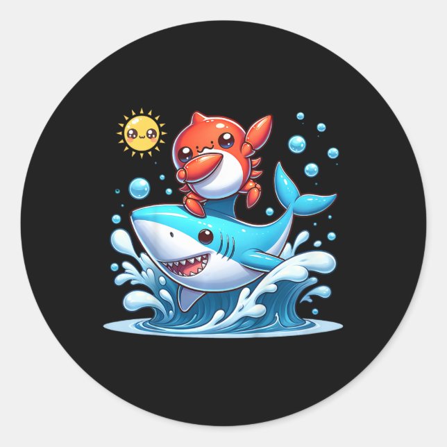 Dabbing Crab Surfing Shark Riding Ocean Wave Sun C Classic Round Sticker (Front)