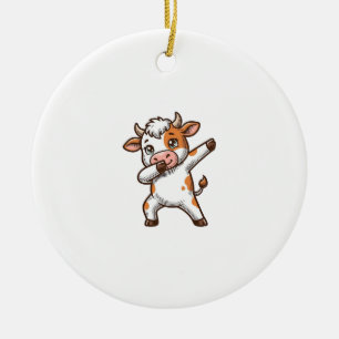 Dabbing Cute Cow Vintage Engraving T-Shirt Design_ Ceramic Ornament