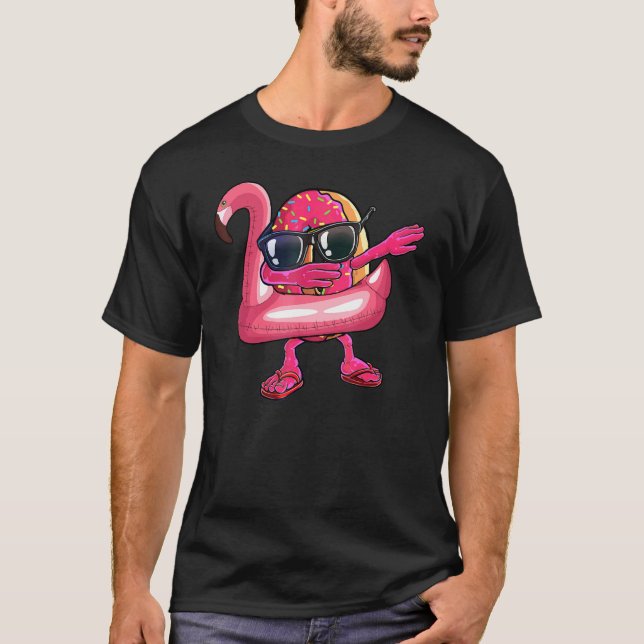 Dabbing Donut Flamingo Float Summer Tropical T-Shirt (Front)