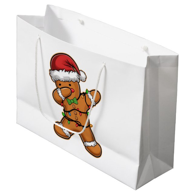 Dabbing Gingerbread Tree Light Christmas Large Gift Bag (Front Angled)