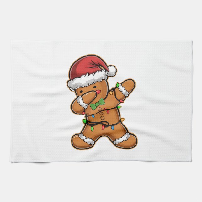 Dabbing Gingerbread Tree Light Christmas Tea Towel (Horizontal)