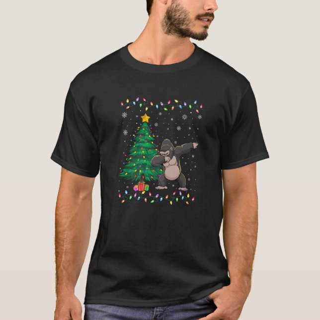 Dabbing Gorilla Xmas Tree Lights Ugly Christmas Sw T-Shirt (Front)