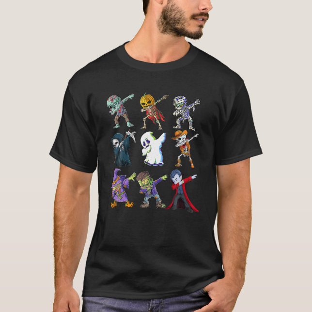 Dabbing Halloween Boys Skeleton Zombie Scary Pumpk T-Shirt (Front)