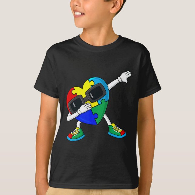 Dabbing Heart Puzzle Pieces Autism Dab Boys Girls  T-Shirt (Front)