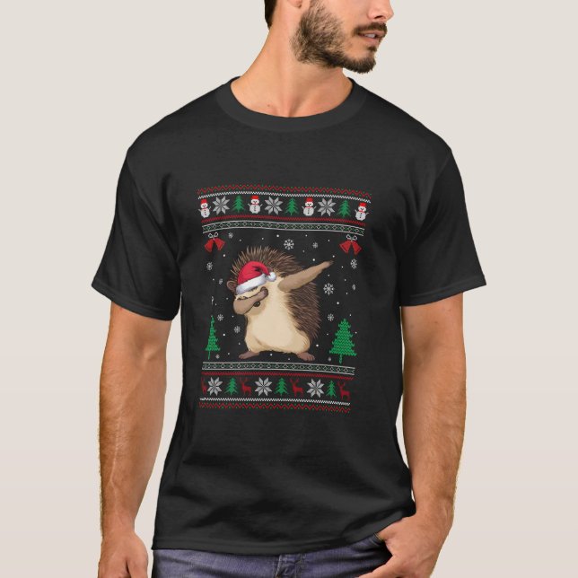 Dabbing Hedgehog Santa Hat Boys Girls Kids Christm T-Shirt (Front)