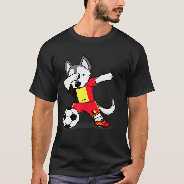 Dabbing Husky Dog Belgium Football Belgian flag So T-Shirt (Front)