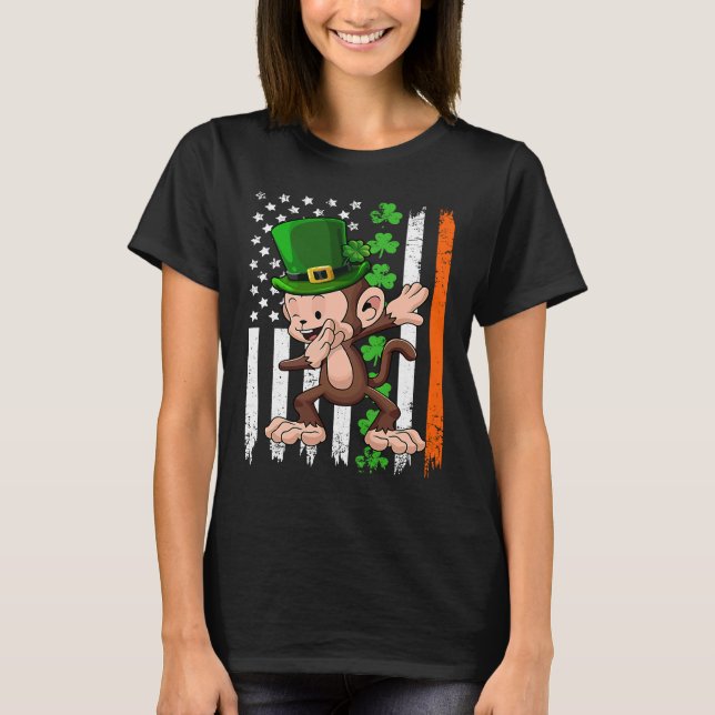 Dabbing Monkey Leprechaun Hat American Flag St Pat T-Shirt (Front)