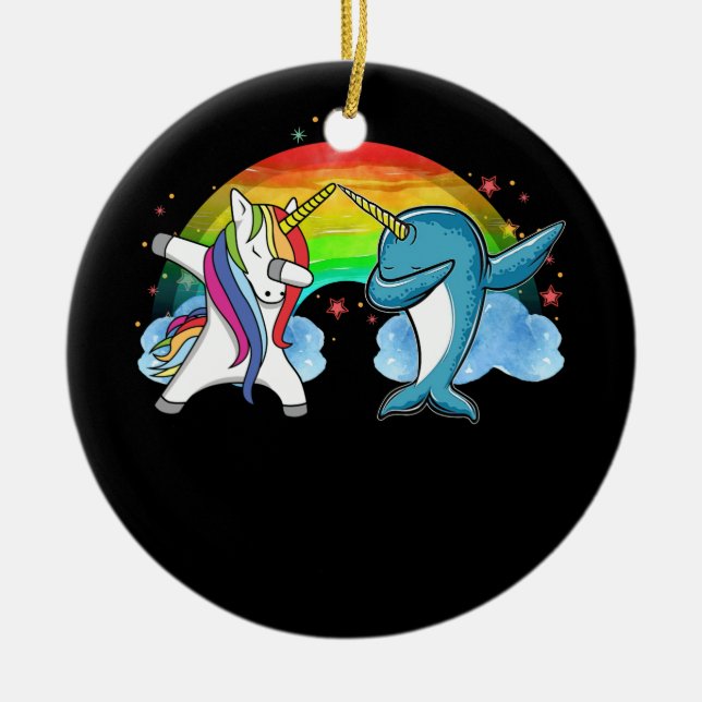 Dabbing Narwhal  Unicorn Dab Dance Ceramic Ornament (Front)