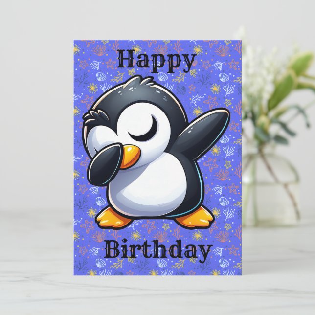 Dabbing penguin birthday card (Standing Front)