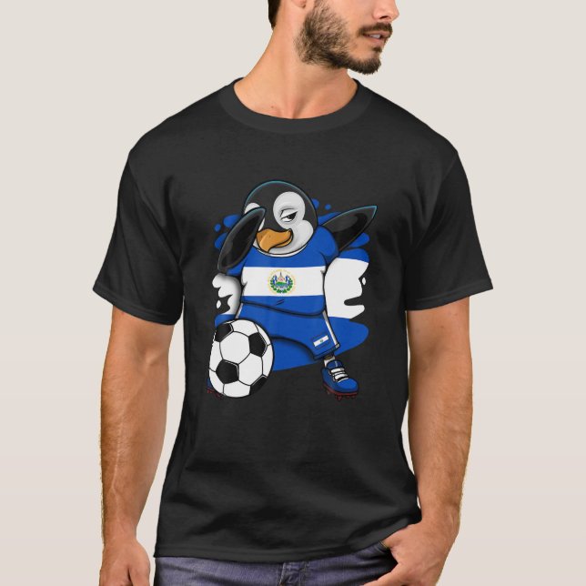 Dabbing Penguin El Salvador Soccer Fan Jersey Foot T-Shirt (Front)