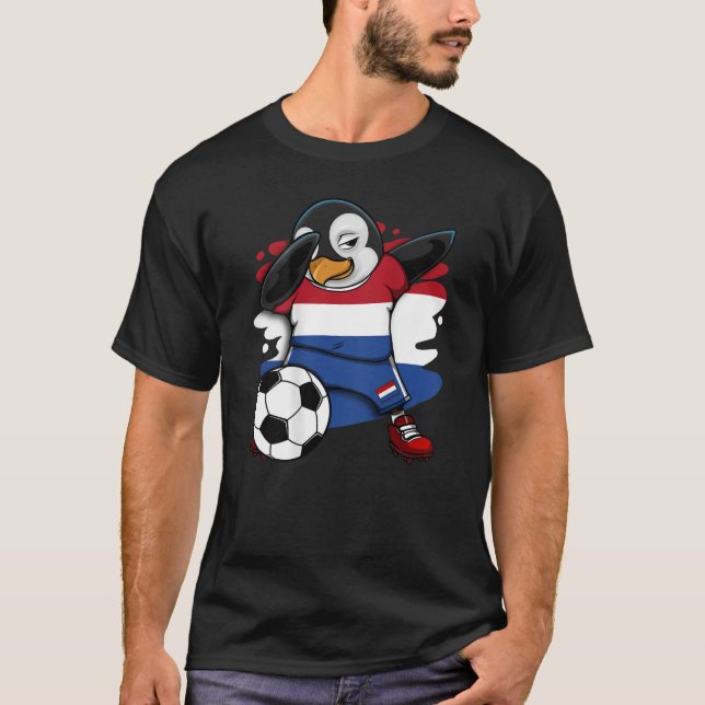 Dabbing Penguin Netherlands Soccer Fan Jersey Foot T-Shirt (Front)